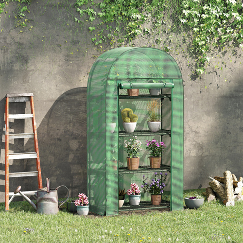 Outsunny 4 Tier Mini Greenhouse for Outdoor, Portable Gardening Plant Green House with Storage Shelf, Roll-Up Zipped Door, Metal Frame and PE Cover, 80 x 49 x 160cm, Green
