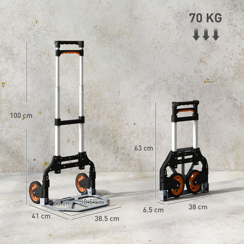 HOMCOM Folding Sack Truck, 70kg Lightweight Hand Truck with Wheels, Foldable Trolley Cart with Telescoping Handle for Warehouse, Office, Luggage, Silver Tone