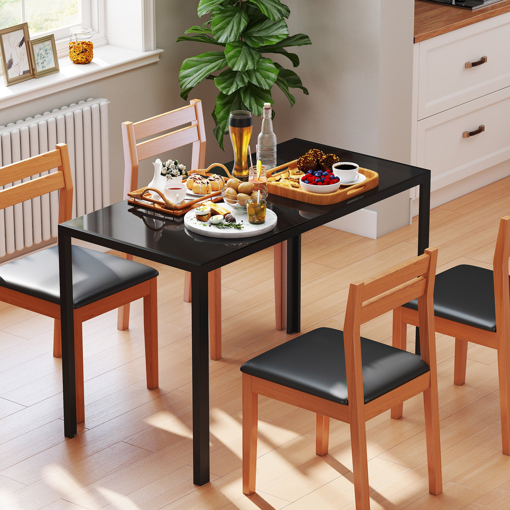 HOMCOM 120cm Dining Table, Rectangle 4 Seater Kitchen Table with Tempered Glass Top and Metal Legs for Dining Room, Living Room (Chairs Not Included), Black