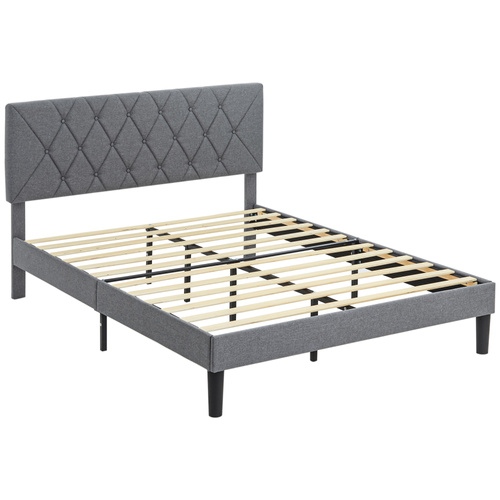 HOMCOM Double Bed Frame with 5-Level Adjustable Linen Upholstered Headboard 145W x 196D x 120Hcm, Grey