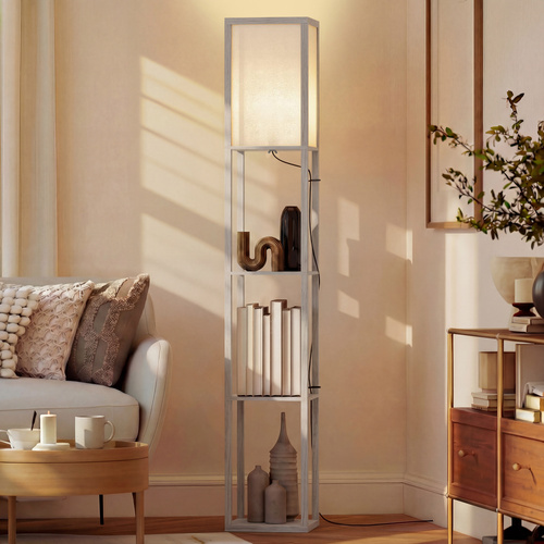 HOMCOM 3-Tier Floor Lamp, Floor Light with Storage Shelf, Reading Standing Lamp with Acrylic Shade for Living Room, Bedroom, Kitchen, Dining Room, Office, Dorm, 160cm, Oak