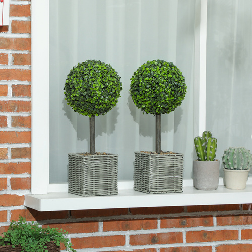 HOMCOM Set of 2 Decorative Artificial Plants, 50cm Faux Boxwood Topiary Balls with Woven Plastic Pot and Pebbles, Fake Plants for Home or Office Decor, Green