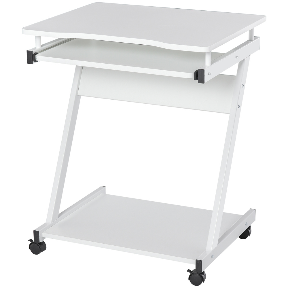 HOMCOM Mobile Computer Desk, Z-Shaped Writing Desk, PC Table for Small Spaces, Workstation with 4 Wheels & Sliding Keyboard for Home Office, Easy Assembly, White