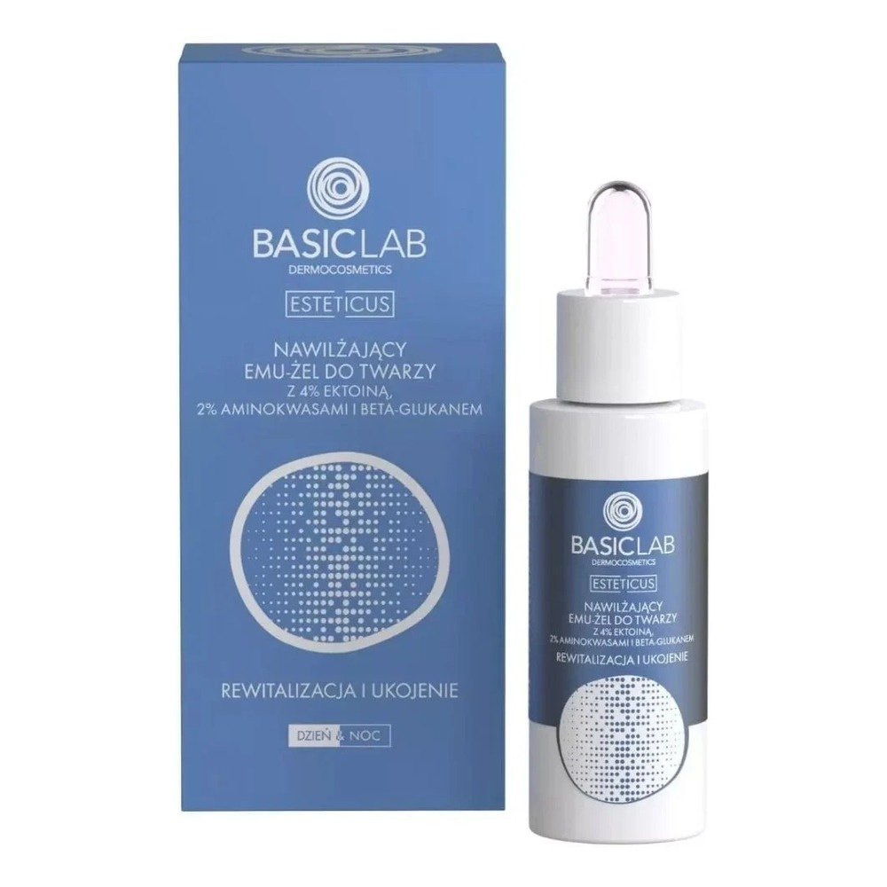 BasicLab Dermocosmetics Nawilżający Emu-Żel do Twarzy z 4% Ektoiną 2% Aminokwasami i Beta-Glukanem Rewitalizacja i Ukojenie na Dzień i na Noc 30ml