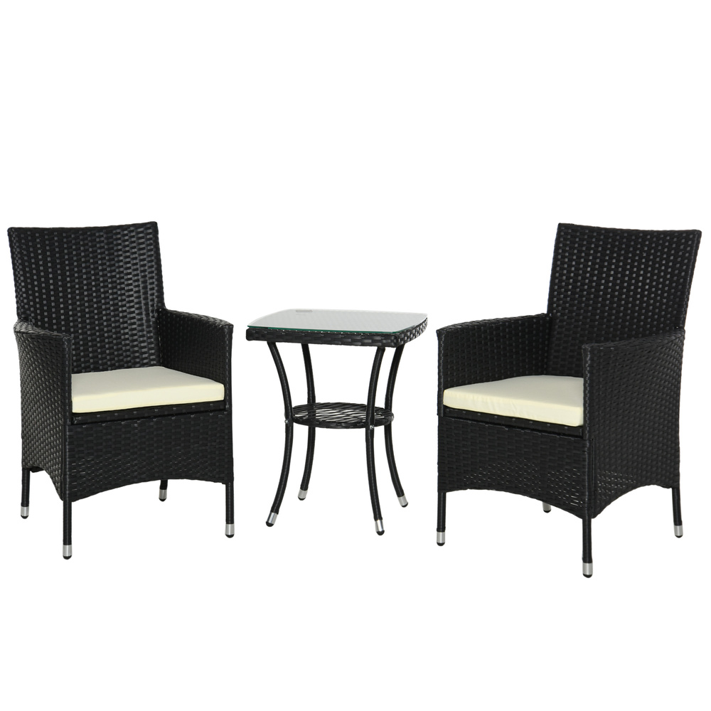 Outsunny 3 Pieces Rattan Bistro Set, Wicker Garden Furniture Set with 2-Tier Coffee Table and Chairs, Cushions, for Outdoor Patio Balcony, Black