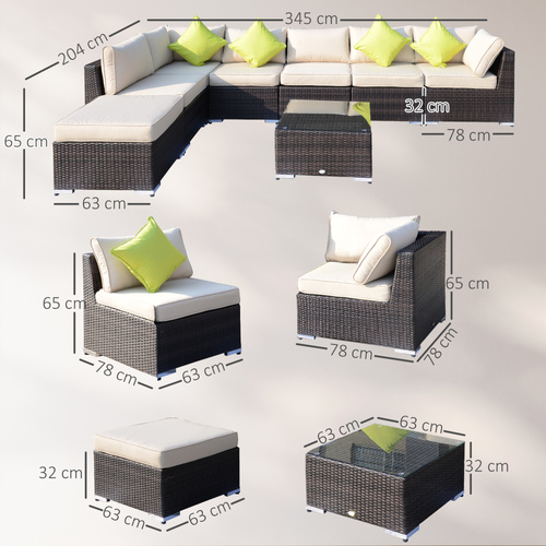 Outsunny 8 Piece Rattan Corner Sofa Set with Wide & Deep Seat, Assembled Aluminium PE Rattan Garden Furniture Set with Thick Cushions and Glass Top Table for Outdoor, Conservatory, Mixed Brown