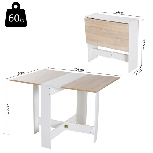 HOMCOM Folding Dining Table, Space-Saving Drop Leaf Kitchen Table for 4-6 People, Multi-functional Desk for Small Space, Flat & Studio, Modern Breakfast Table, Oak & White