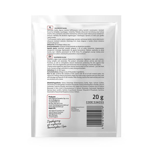 Apis Professional Raspberry Glow Maska Algowa z Liofilizowanymi Malinam dla Skóry Suchej i Odwodnionej 20g