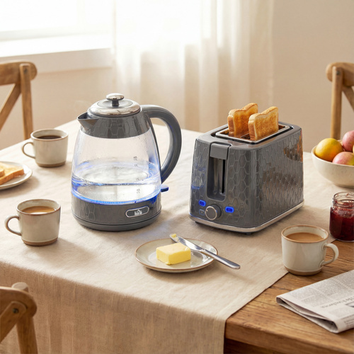 HOMCOM Kettle and Toaster Set, 1.7L 3000W Rapid Kettle with Limescale Filter, 2 Slice Toaster with 7 Browning Controls, Grey