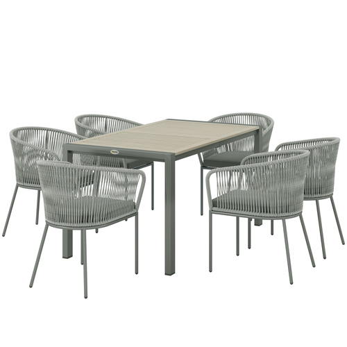 Outsunny Rattan Dining Set, 6 Seater Rattan Garden Furniture Set with Acacia Wood Top Rectangle Table, 6 Chairs, Washable Seat Cushions, for Outdoor, Patio, Conservatory, Grey