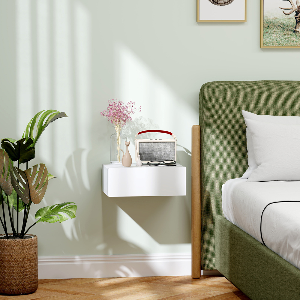 HOMCOM Floating Bedside Table, Wall-Mounted Nightstand with Storage Drawer, Small Side End Table for Bedroom, White