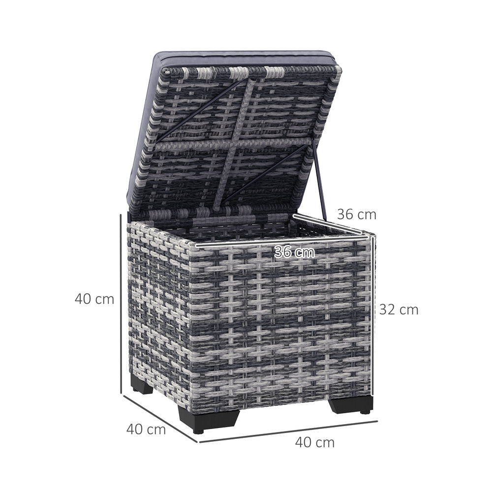 Outsunny Set of 2 Rattan Storage Ottoman, Outdoor Footstool with Removable Cushions, Garden Storage Seat for Balcony, Porch, Living Room, Dark Grey