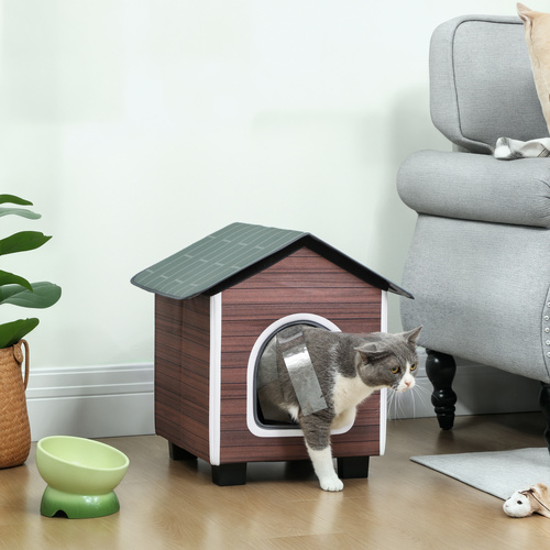 PawHut Insulated Outdoor Cat House, Water-Resistant Feral Cat Shelter with Elevated Base and Cushion, Red-brown