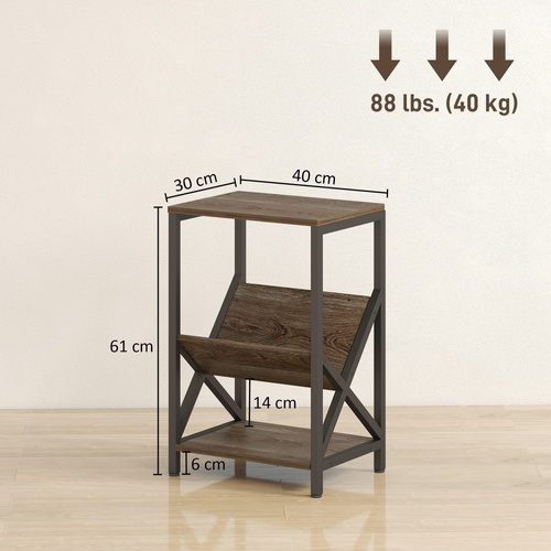 HOMCOM Narrow Side Table, End Table with 3-Tier Storage, V-Shaped Magazine Holder for Living Room, Bedroom, 40 x 30 x 61cm, Oak