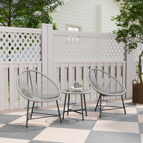 Outsunny 3 Pieces Rattan Bistro Set, Garden Bistro Set with Acapulco Chairs and Glass Top Table, Small Garden Furniture Set with Reinforced Metal Frame for Outdoor, Patio, Balcony, Grey