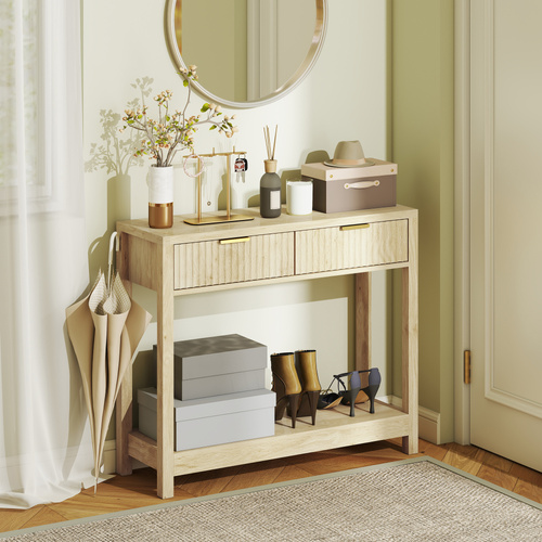HOMCOM Modern Console Table with Fluted Panel Drawers, Narrow Hallway Table with Shelf for Entryway, Living Room, 90 x 30 x 76 cm, Natural Wood Finish