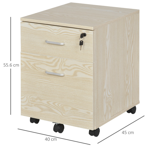 Vinsetto 2-Drawer Locking Office Filing Cabinet w/ 5 Wheels Rolling Storage Hanging A4 Cupboard Home Organisation, Oak Wood Grain