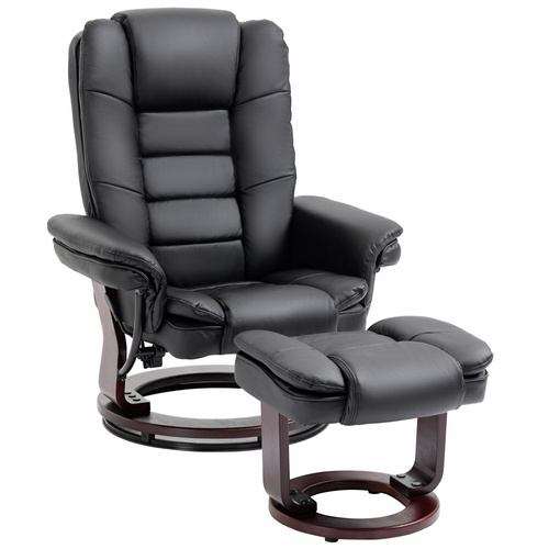 HOMCOM Recliner Chair With footstool, Recliner Armchair up to 130kg Weight Capacity, 135° Reclining Swivel Sofa Chair, PU Leather Ergonomic Couch Bed with Swivel Wood Base for Living Room, Black