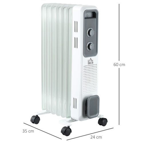 HOMCOM 1500W Oil Filled Radiator, Portable Electric Heater with 3 Heat Settings, Safety Cut-Off and Wheels, White