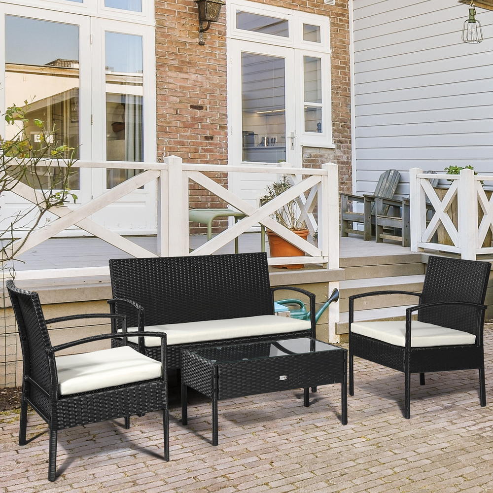 Outsunny 4 Pieces Rattan Garden Furniture Set, 4 Seater Garden Sofa Set with Loveseat, Armchairs and Glass Top Table, Wicker Conservatory Furniture with Cushions for Patio, Balcony, Black