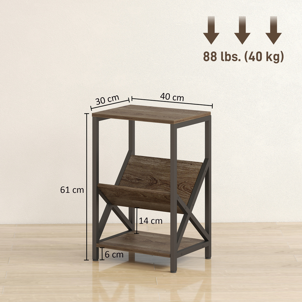 HOMCOM Narrow Side Table, End Table with 3-Tier Storage, V-Shaped Magazine Holder for Living Room, Bedroom, 40 x 30 x 61cm, Oak