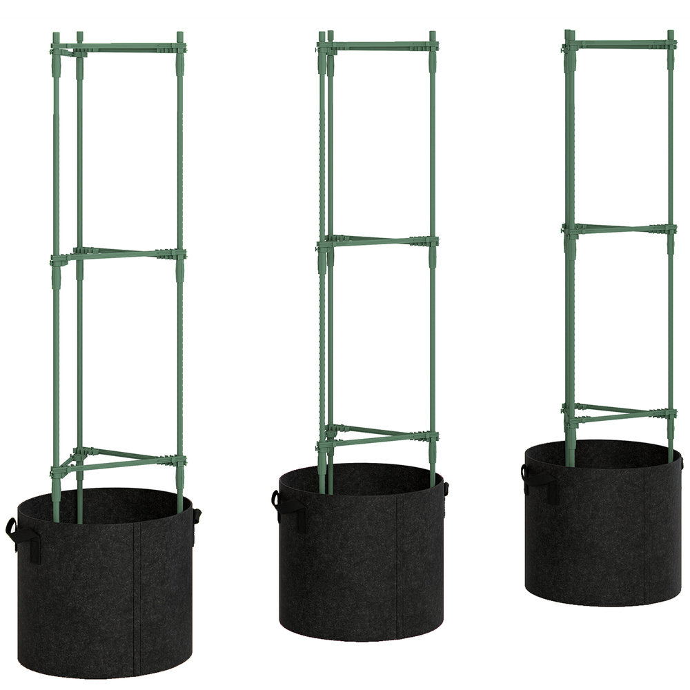 Outsunny 3 Packs Tomato Cages with 83.7L Grow Bags, 47.2" Adjutstable Triangle Plant Stakes Support Trellis with Planter Bags