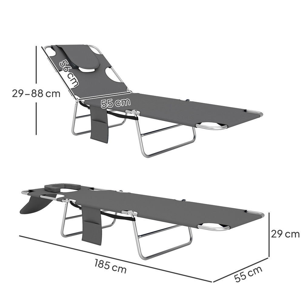Outsunny Foldable Sun Lounger Set of 2, Beach Chaise Lounge with Reading Hole, Arm Slots, 5-Position Adjustable Backrest, Side Pocket, Pillow for Garden, Beach, Pool, Dark Grey