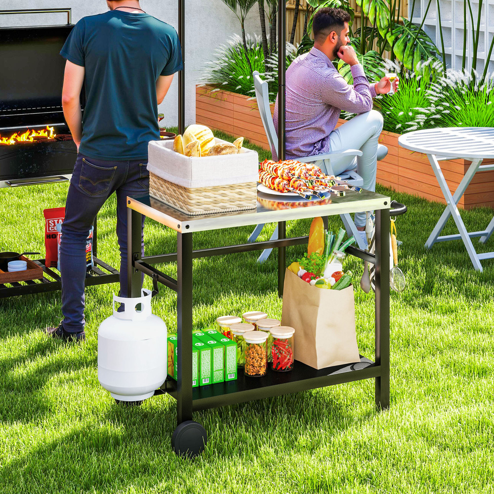 Outsunny Outdoor Grill Dining Cart 2-Shelf Movable Pizza Oven Table Stand with Stainless Steel Top, Portable BBQ Trolley Food Prep Outdoor Kitchen Barbecue Station with Hooks Wheels, Charcoal Grey