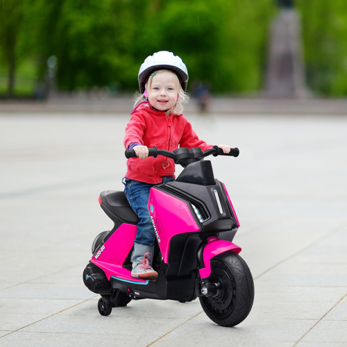 HOMCOM 6V Kids Electric Motorbike Ride On Toy w/ Music LED Lights Safety Training Wheels for Girls Boy 2-4 Years Pink