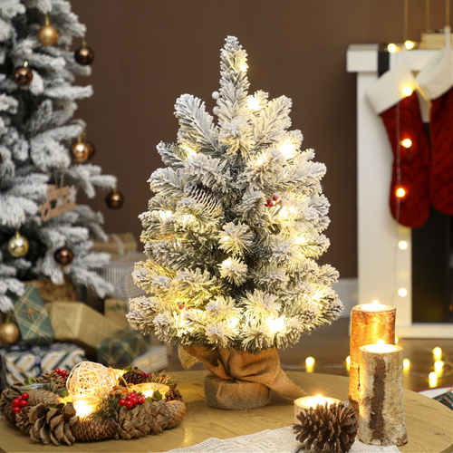 HOMCOM 60 cm Prelit Small Christmas Tree with 35 LED Lights, Snow Flocked Tabletop Mini Xmas Tree with 72 Dense Branches, Pine Cones, Berry Clusters and Linen Cover Base, Battery Operated, Green