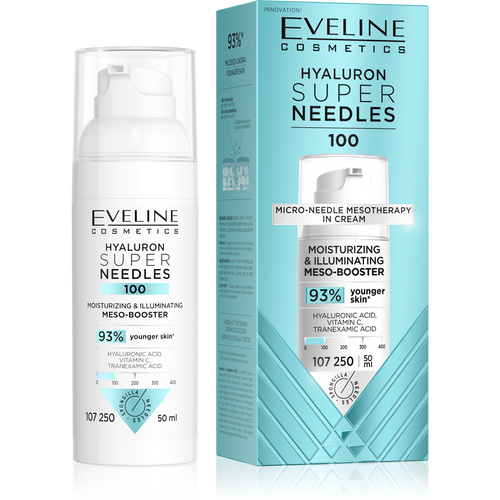 Eveline Super Needles Hyaluron 100 Nawilżająco – Rozświetlający Mezo-Booster na Dzień i na Noc 50ml