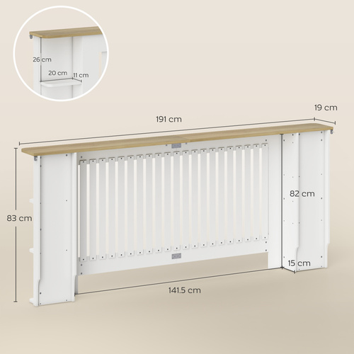 HOMCOM Radiator Cover with Open Storage Shelves, Vertical Slatted Cabinet Shelf Heater Cover for Living Room, Hallway, Extra Large, White (H: 83 / W: 191 / D: 19 cm)