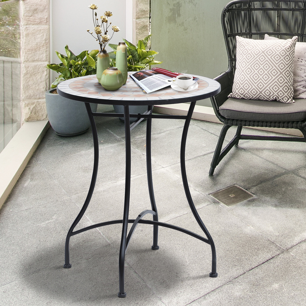 Outsunny 60 cm Mosaic Garden Table, Small Round Outdoor Side Table with Ceramic Top, Plant Stand for Patio, Balcony, Orange and White