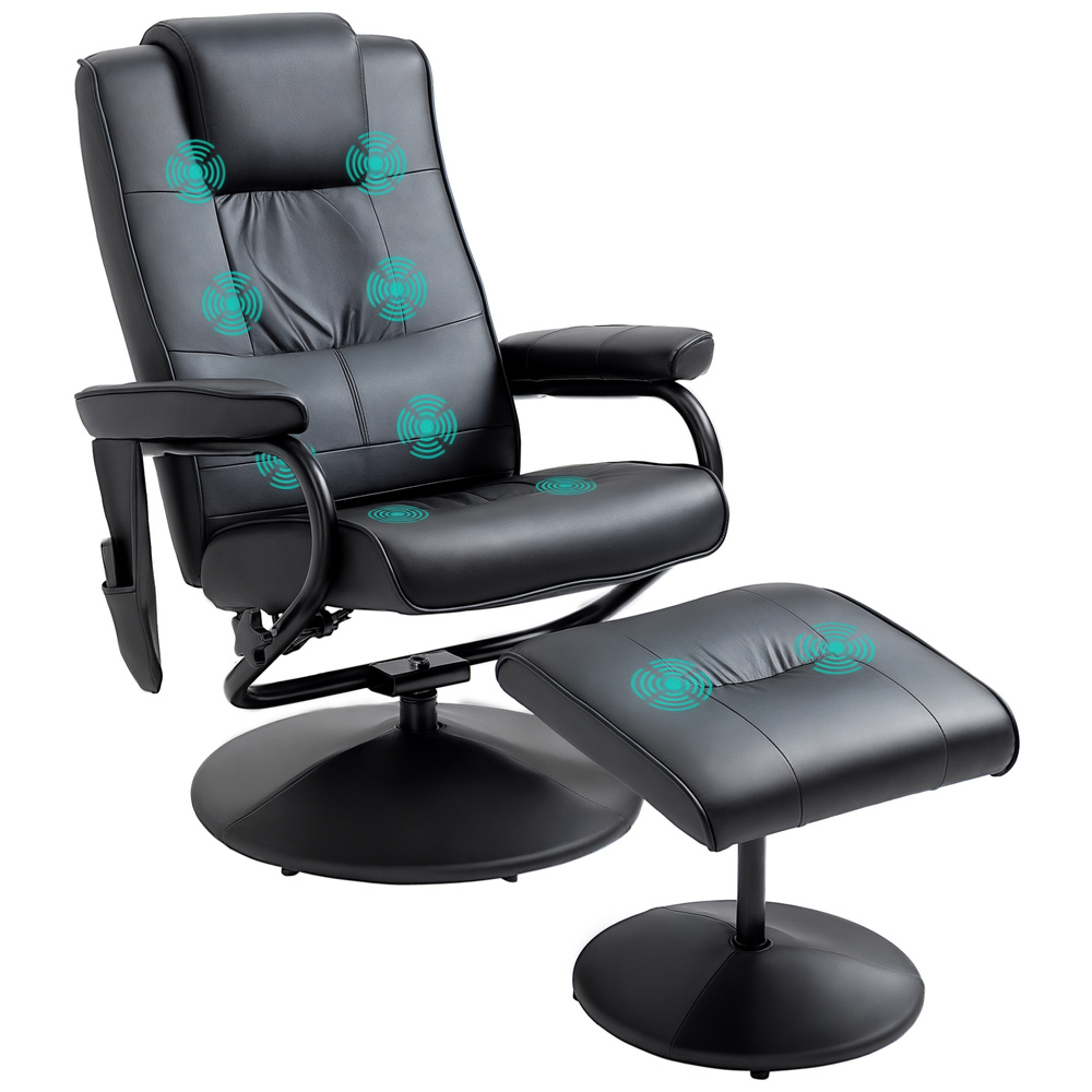 HOMCOM Swivel Recliner Chair and Footstool, Faux Leather Massage Recliner Armchair with Remote Control and Round Wrapped Base, Black