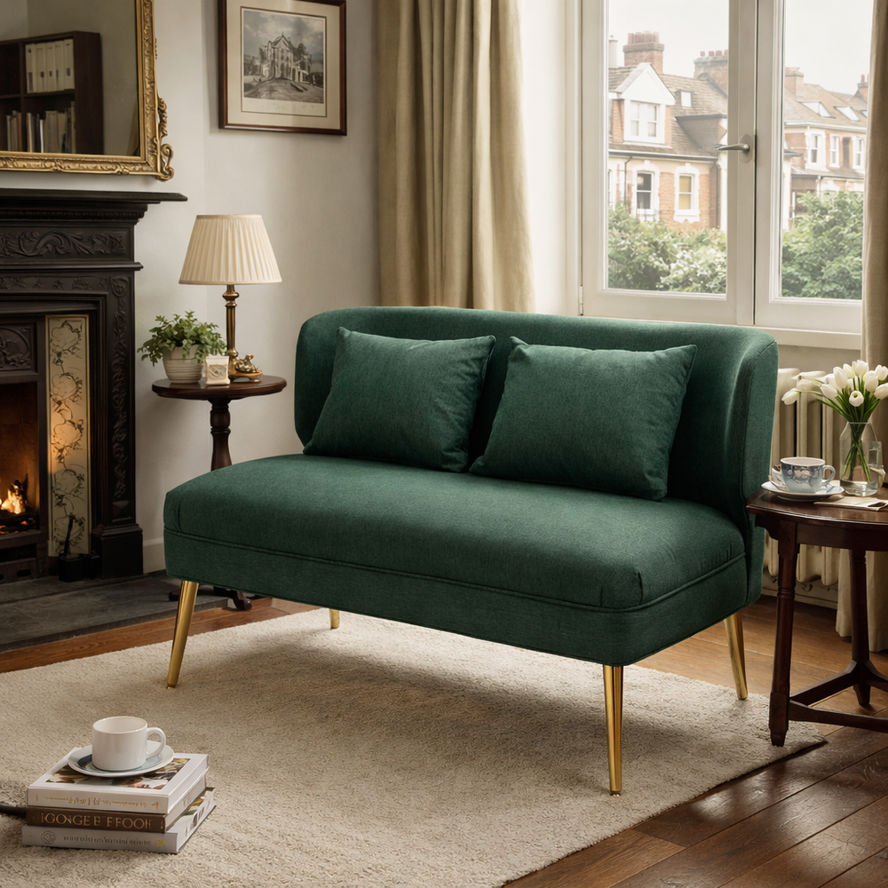 HOMCOM 2 Seater Sofa, Linen-look Fabric Small Sofa with Wing Back, Thick Seat, Metal Legs, Dark Green