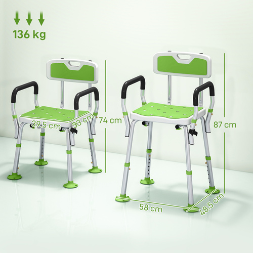 HOMCOM EVA Padded Shower Chair for the Elderly and Disabled, Height Adjustable Shower Stool with Back and Arms, 4 Suction Foot Pads, Green