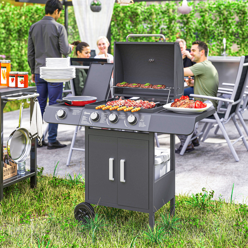 Outsunny 3+1 Burner Gas BBQ Grill, Outdoor Barbecue Trolley with Wheels, Warming Rack, Side Shelves, Cabinet, Thermometer for Garden, Party, Camping, 110L x 50W x 100Hcm, Grey