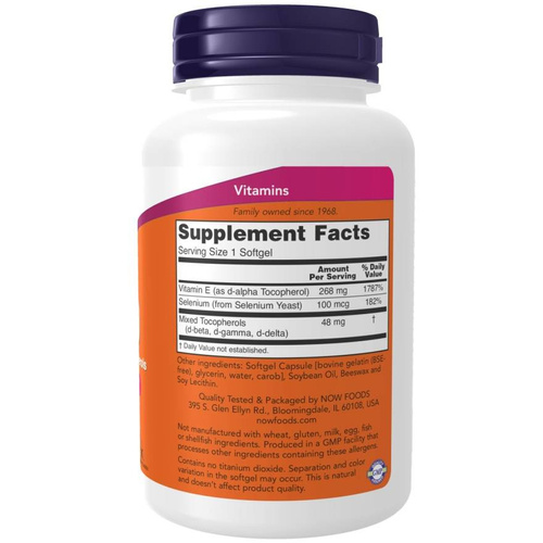Now Foods Witamina E 400 iu i Selen Wspiera Układ Odpornościowy 100 Kapsułek
