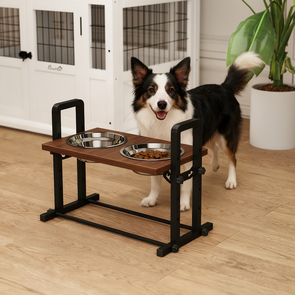 PawHut Raised Dog Bowls with Stand, 4 Heights Adjustable Pet Feeder with 3 Adjustable Angles for Small, Medium & Large Breeds, Brown
