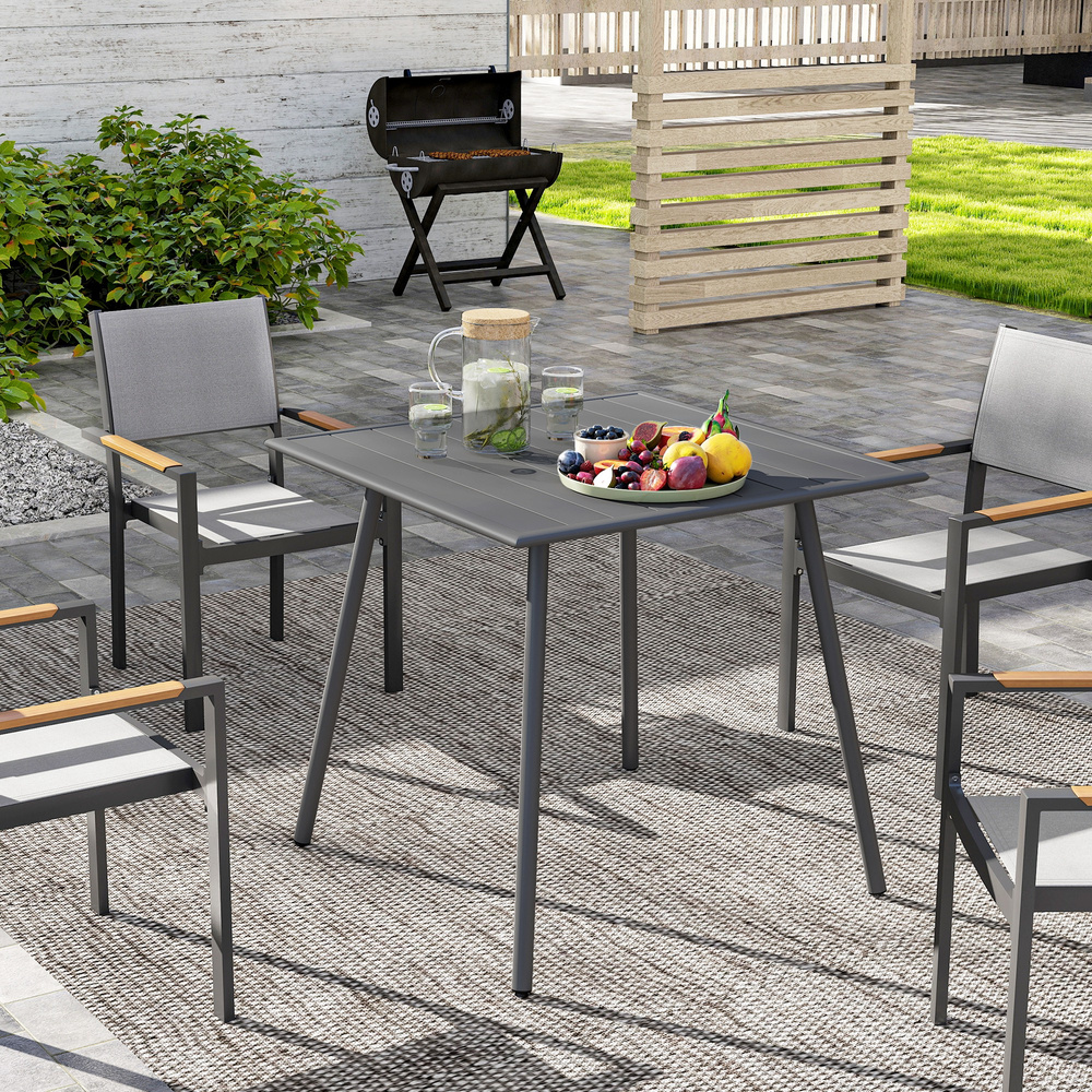 Outsunny Square Garden Table with Slat Top, Steel Frame, Outdoor Table for 4 Person, 80 x 80 x 74 cm, Grey