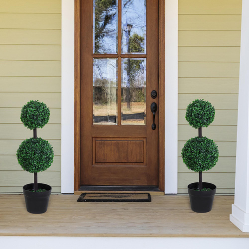 Outsunny Set of 2 Artificial Boxwood Ball Topiary Trees Potted Decorative Plant Indoor Décor (67cm)
