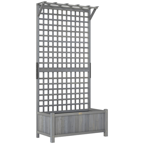 Outsunny Raised Bed with Drainage Holes, Wood Planter with Trellis for Climbing Plants to Grow Vegetables, Flowers, Dark Grey