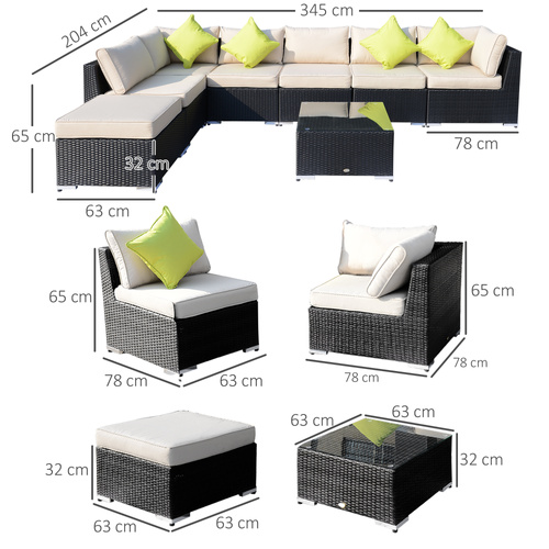 Outsunny 8 Piece Rattan Corner Sofa Set with Wide & Deep Seat, Assembled Aluminium PE Rattan Garden Furniture Set with Thick Cushions and Glass Top Table for Outdoor, Conservatory, Black