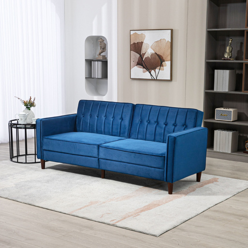 HOMCOM Velvet-Feel Three-Seater Sofa Bed with Adjustable Split Back - Blue