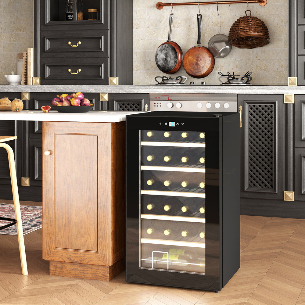 HOMCOM 24 Bottle Wine Fridge, 65 Litre Capacity, 43cm Freestanding Wine Cooler Fridge with Glass Door, LED Light, Digital Touch Screen, Temperature Control, Black