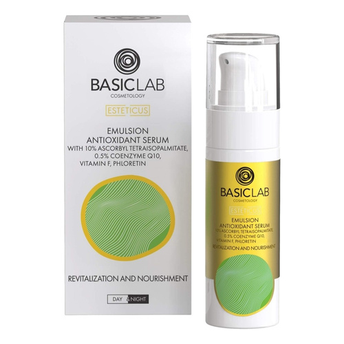 BasicLab Cosmetology Emulsyjne Serum Antyoksydacyjne z 10% Ascorbyl Tetraisopalmitate Rewitalizacja i Odżywienie dla Skóry Suchej Mieszanej i Problematycznej na Dzień i na Noc 30ml Best Before 31.07.26