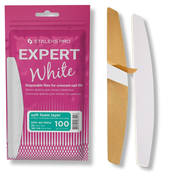 Staleks Pro Expert 40 White Disposable Crescent Nail File Refills on a Soft Foam Layer 100 Grit DFE-40-100w 30pcs