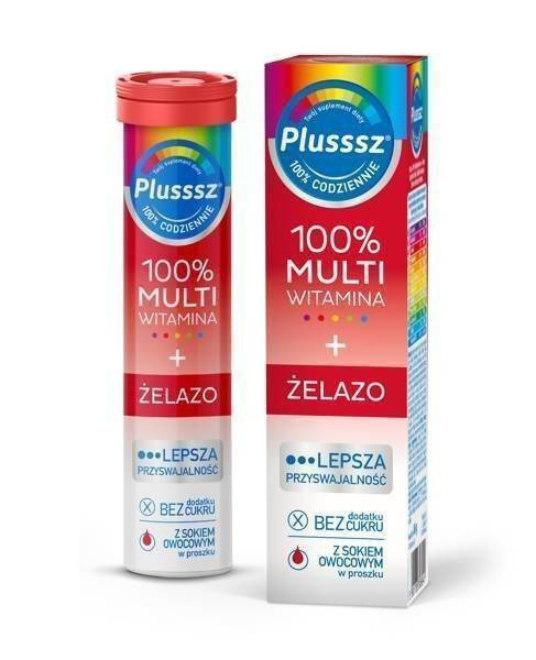 Polski Lek S.A. Plusssz 100% Multiwitamina + Żelazo Wiśnia-Pomarańcza 20 Tabletek Musujących