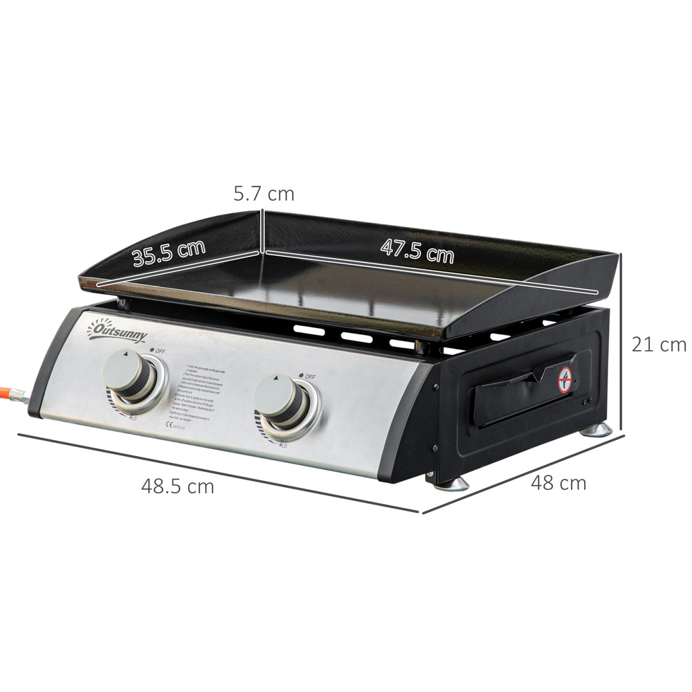 Outsunny Gas Plancha Barbecue Grill with 2 Stainless Steel Burner, 6kW, Portable Tabletop Gas BBQ with Non-Stick Griddle for Camping Picnic Garden Party Festival