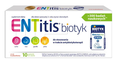 ENTitis Biotyk dla Dzieci powyżej 3. Roku Życia i Dorosłych Smak Truskawkowy 10 Pastylek Best Before 31.10.27